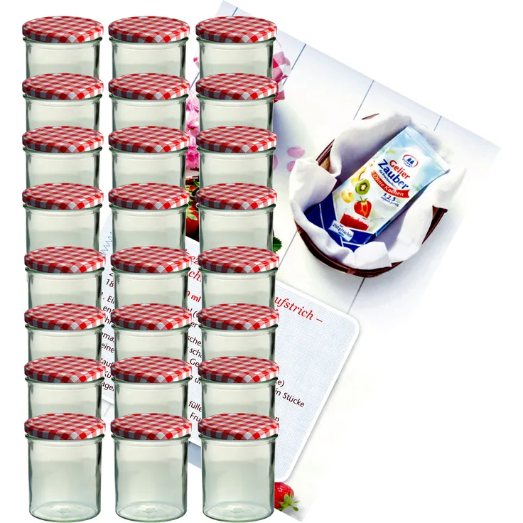 24er Set Sturzglas 350 ml Marmeladenglas Einmachglas Einweckglas To 82 rot karierter Deckel