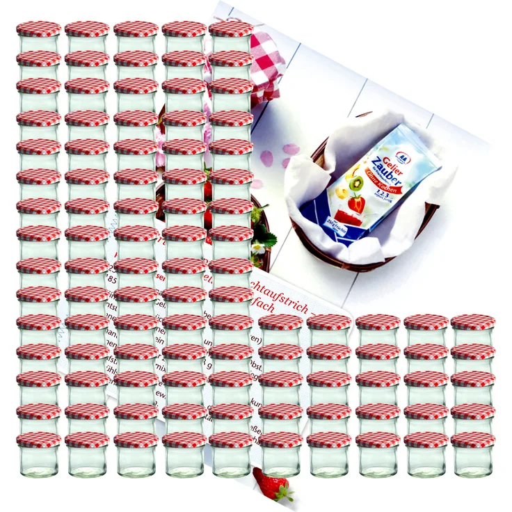 100er Set Sturzglas 125 ml To 66 rot karierter Deckel incl. Diamant-Zucker Gelierzauber Rezeptheft