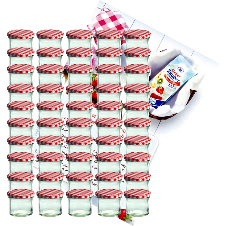 50er Set Sturzglas 125 ml Marmeladenglas Einmachglas To 66 rot karierter Deckel incl. Rezeptheft – Bild 1