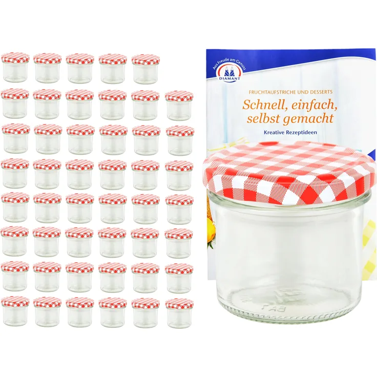 48er Set Sturzglas 125 ml To 66 rot karierter Deckel Einmachgläser Einkochgläser incl. Rezeptheft