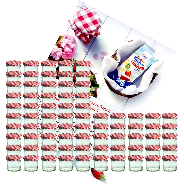 75er Set Sturzglas 125 ml Glas Einmachglas Einweckglas To 66 rot karierter Deckel incl. Rezeptheft