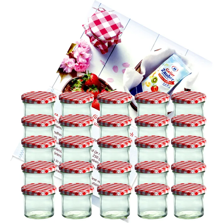 25er Set Sturzglas 125 ml To 66 rot karierter Deckel incl. Diamant-Zucker Gelierzauber Rezeptheft
