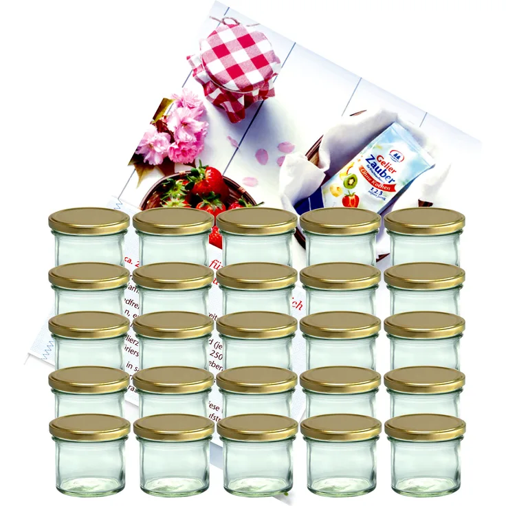 25er Set Sturzglas 125 ml To 66 goldener Deckel incl. Diamant-Zucker Gelierzauber Rezeptheft
