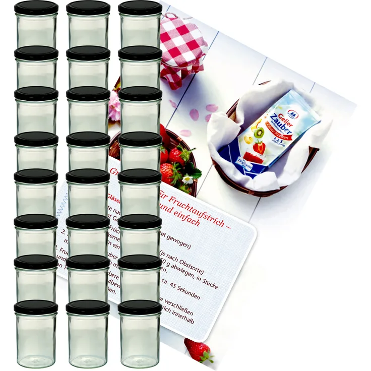 24er Set Sturzglas 435 ml Marmeladenglas Einmachglas Glas To 82 schwarzer Deckel incl. Rezeptheft
