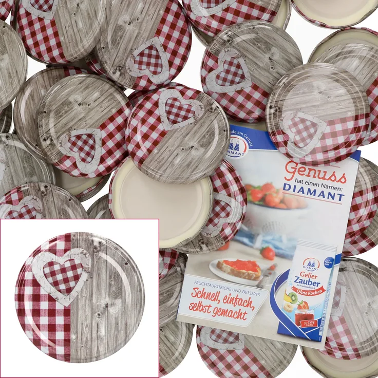 50er Set Ersatz Deckel To 82 Holz-Herz rot-weiß für 230ml / 350ml / 435ml Gläser incl Rezeptheft