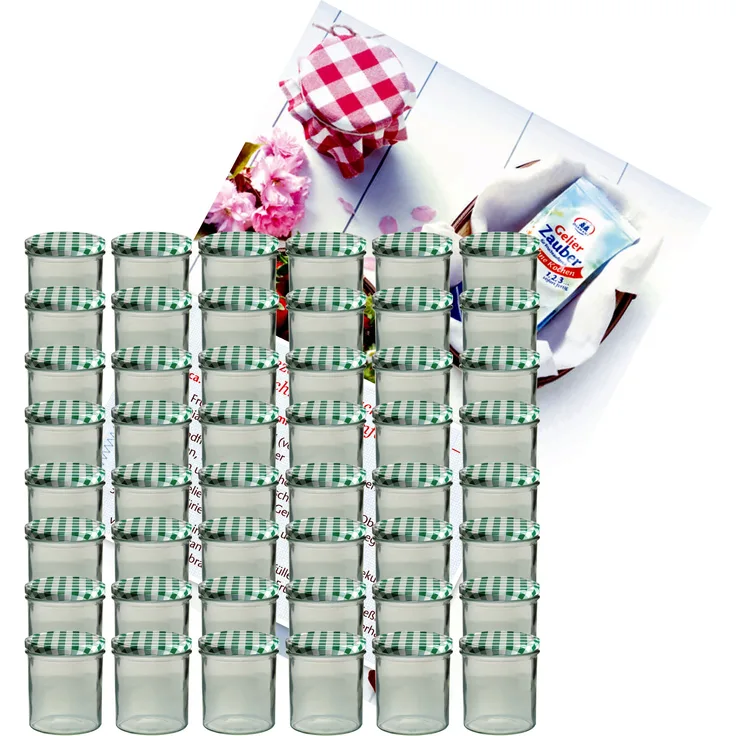 48er Set Sturzglas 350 ml Marmeladenglas Einmachglas To 82 grün karierter Deckel incl. Rezeptheft
