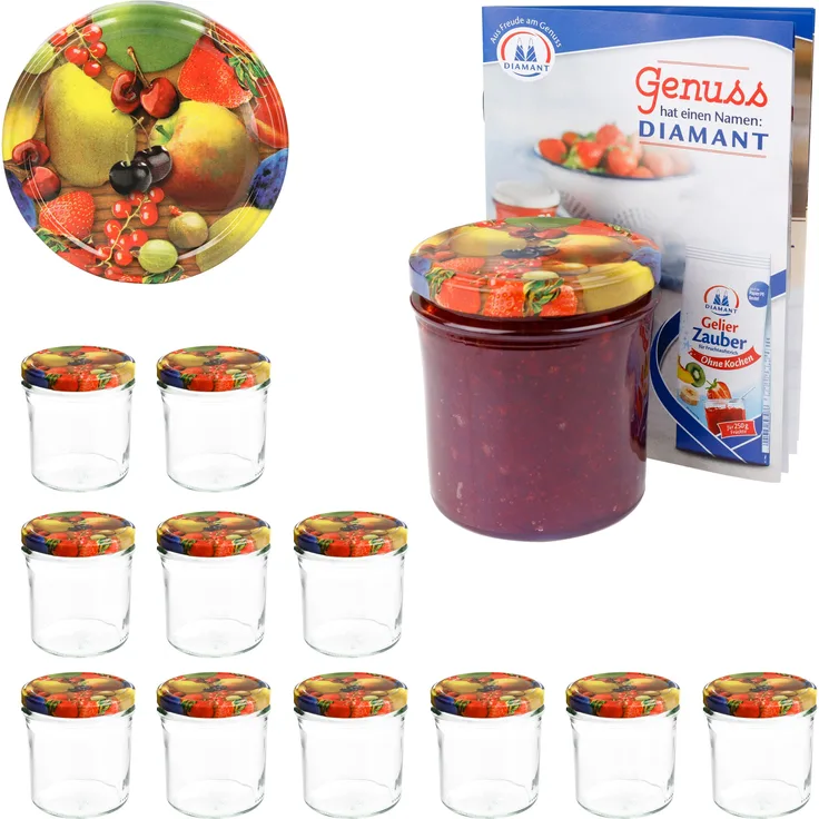 12er Set Sturzglas 350 ml To 82 Obst gelbe Birne Deckel incl. Diamant Gelierzauber Rezeptheft