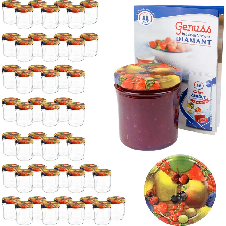 50er Set Sturzglas 350 ml To 82 Obst gelbe Birne Deckel incl. Diamant Gelierzauber Rezeptheft