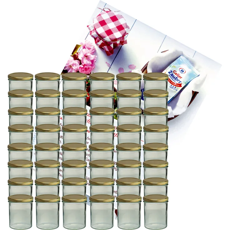 48er Set Sturzglas 350 ml Marmeladenglas Einmachglas Glas To 82 goldener Deckel incl. Rezeptheft