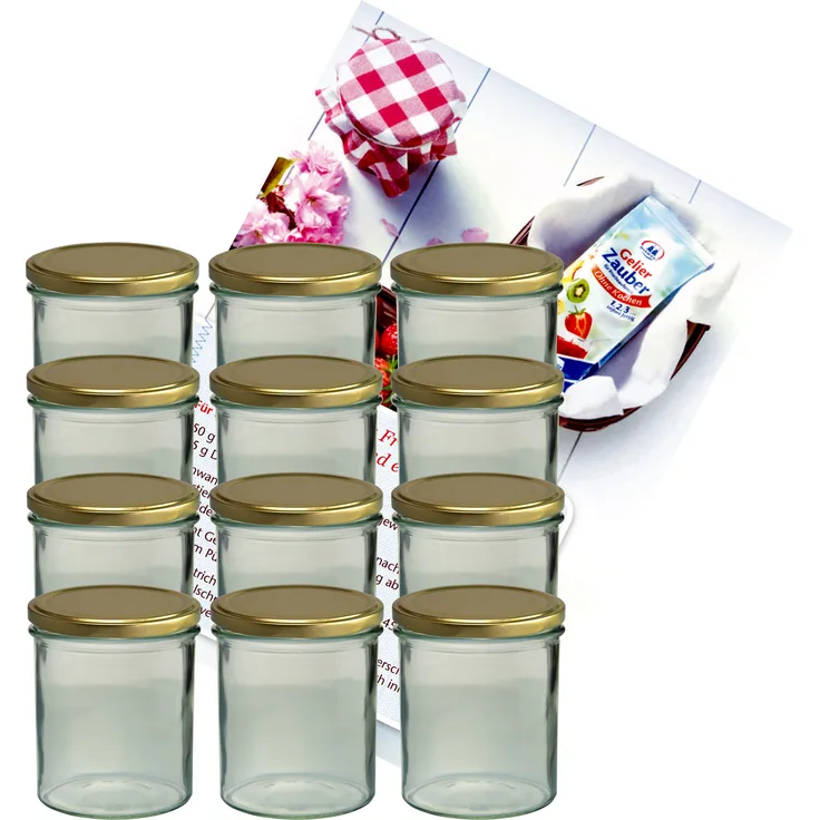 12er Set Sturzglas 350ml Marmeladenglas Einmachglas Einweckglas To82 goldener Deckel incl Rezeptheft