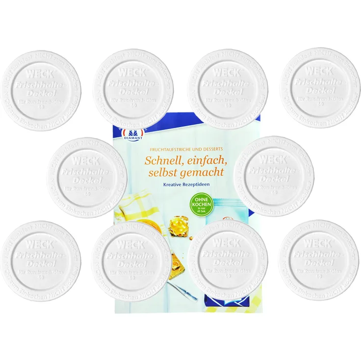 10er Set Weck Frischhaltedeckel 60mm incl. Gelierzauber Rezeptheft von Diamantzucker
