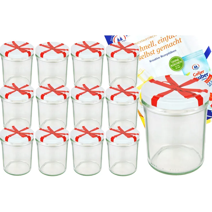 12er Set Sturzglas 435 ml To 82 Schleifendekor Deckel incl. Diamant Gelierzauber Rezeptheft