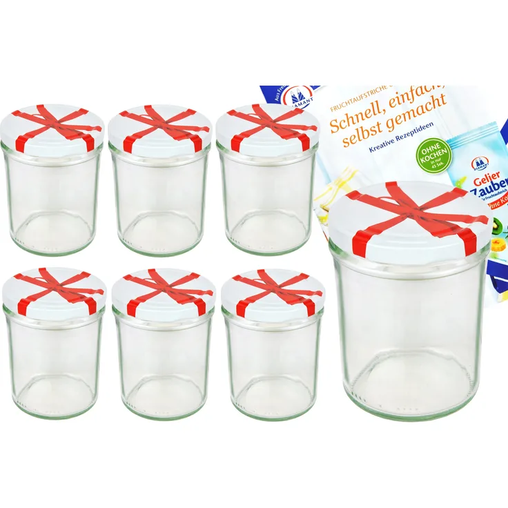 6er Set Sturzglas 435 ml To 82 Schleifendekor Deckel incl. Diamant Gelierzauber Rezeptheft