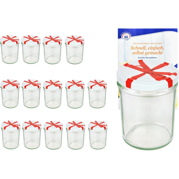 15er Set Sturzglas 435 ml To 82 Schleifendekor Deckel Geschenk Marmeladengläser incl. Rezeptheft