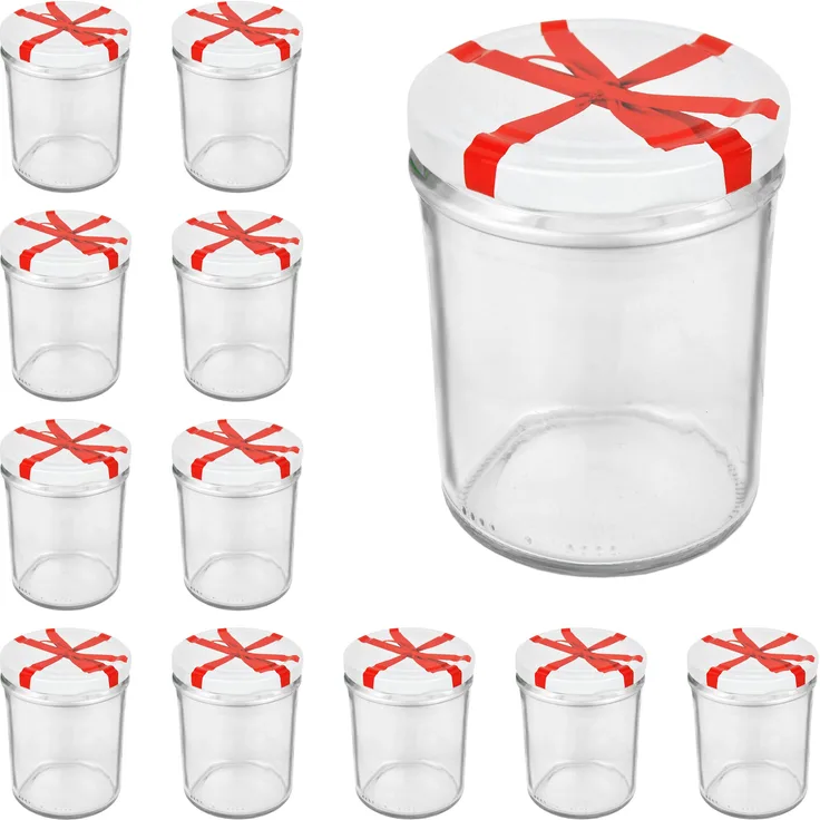 12er Set Sturzglas 435 ml To 82 weißer Deckel mit Schleifendekor Marmelade Einmachen Einwecken