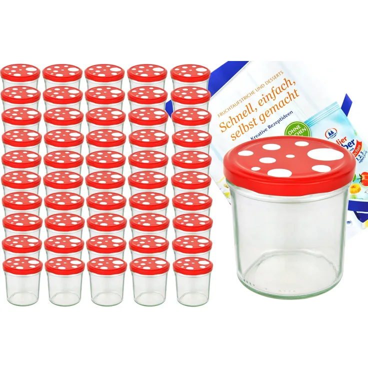 50er Set Sturzglas 350 ml To 82 Fliegenpilz Deckel rot weiß gepunktet incl. Diamant Rezeptheft