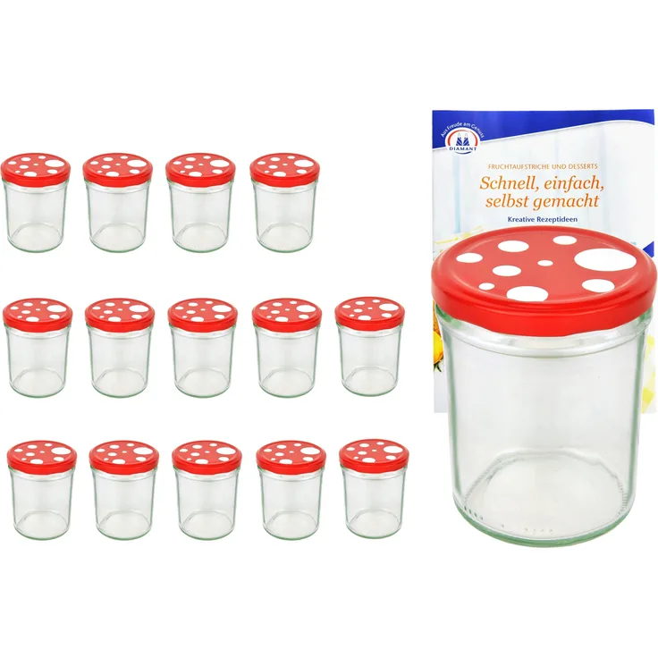 15er Set Sturzglas 435ml To82 Fliegenpilz Deckel rot weiß gepunktet Einmachgläser incl. Rezeptheft