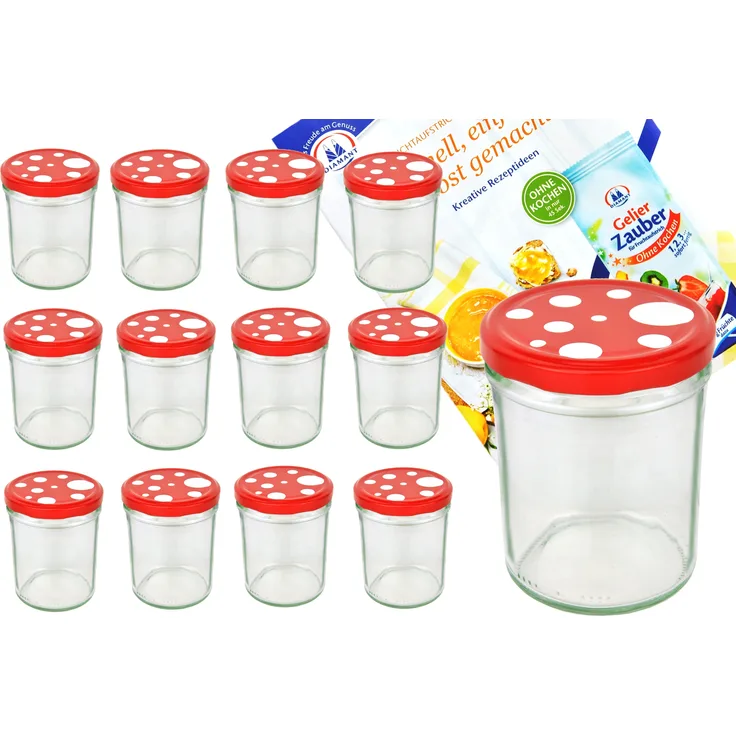 12er Set Sturzglas 435 ml To 82 Fliegenpilz Deckel rot weiß gepunktet incl. Diamant Rezeptheft