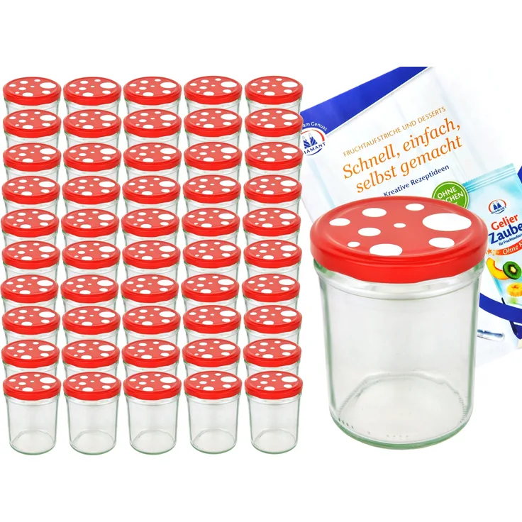 50er Set Sturzglas 435 ml To 82 Fliegenpilz Deckel rot weiß gepunktet incl. Diamant Rezeptheft