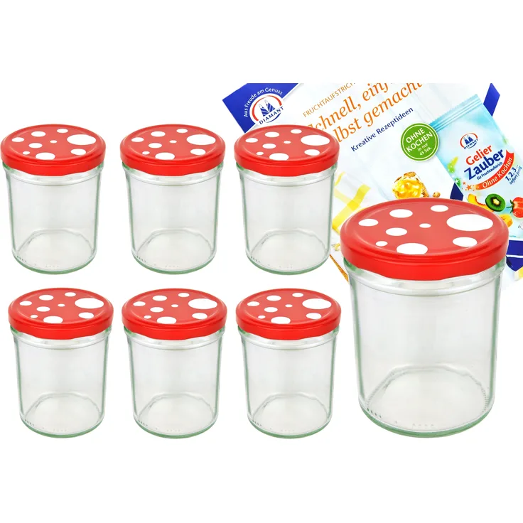 6er Set Sturzglas 435 ml To 82 Fliegenpilz Deckel rot weiß gepunktet incl. Diamant Gelierzauber Rezeptheft
