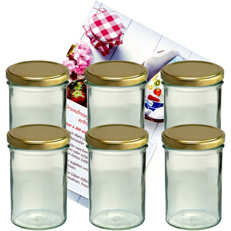 6er Set Sturzglas 435 ml Marmeladenglas Einmachglas Einweckglas To 82 goldener Deckel incl. Diamant-Zucker Gelierzauber Rezeptheft