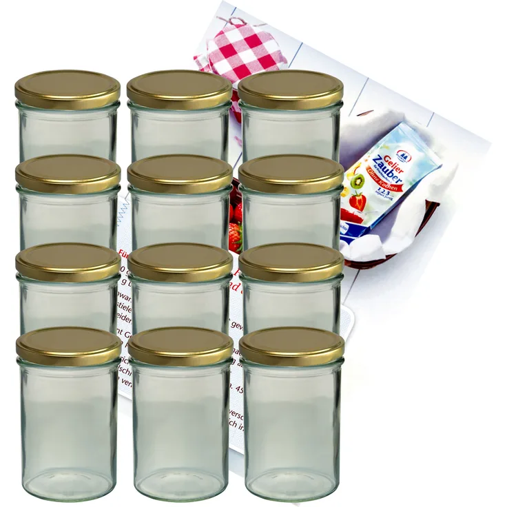 12er Set Sturzglas 435 ml Marmeladenglas Einmachglas Glas To 82 goldener Deckel incl. Rezeptheft
