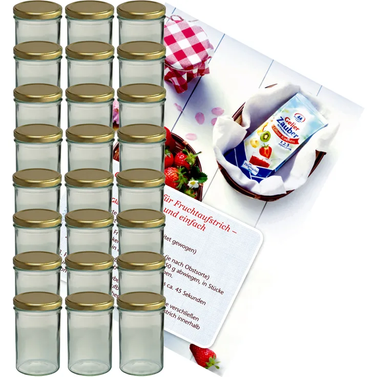 24er Set Sturzglas 435 ml Marmeladenglas Einmachglas Glas To 82 goldener Deckel incl. Rezeptheft