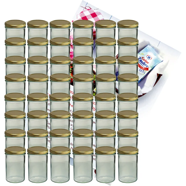 48er Set Sturzglas 435 ml Marmeladenglas Gläser Einweckglas To 82 goldener Deckel incl. Rezeptheft