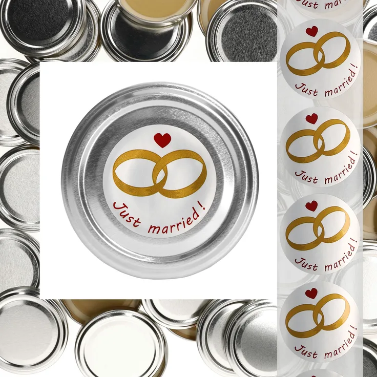 50er Deckelset TO66 silber Hochzeits-Etiketten Just Married Geschenk Marmelade Give Aways Einkoch