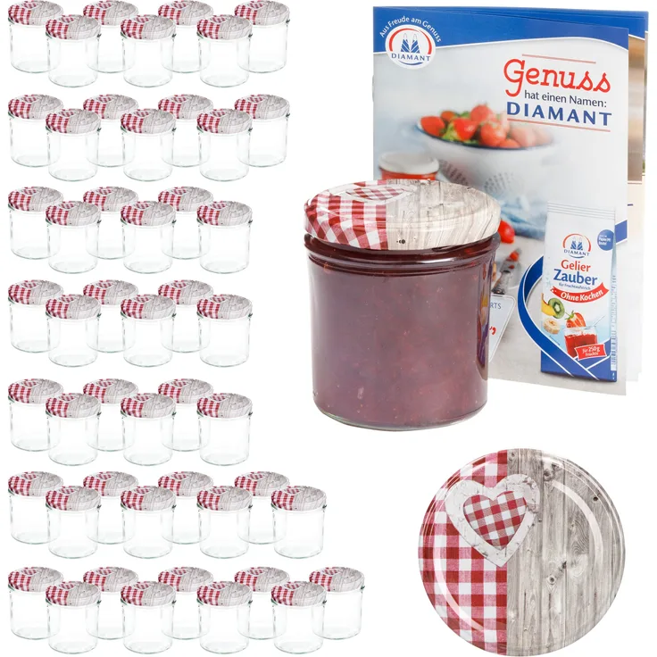 50er Set Sturzglas 350 ml To 82 Deckel Holz-Herz rot incl. Diamant Gelierzauber Rezeptheft