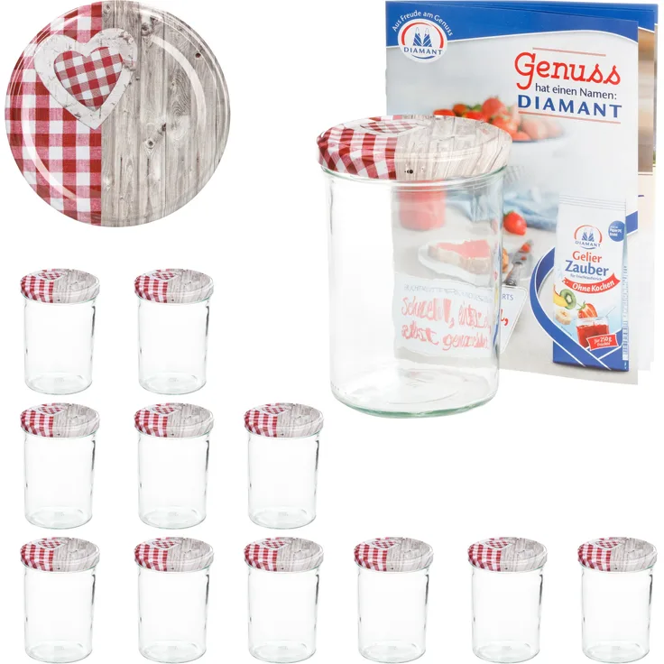 12er Set Sturzglas 435 ml To 82 Deckel Holz Herz rot incl. Diamant Gelierzauber Rezeptheft