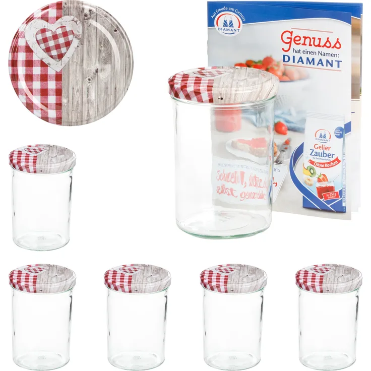 6er Set Sturzglas 435 ml To 82 Deckel Holz Herz rot incl. Diamant Gelierzauber Rezeptheft
