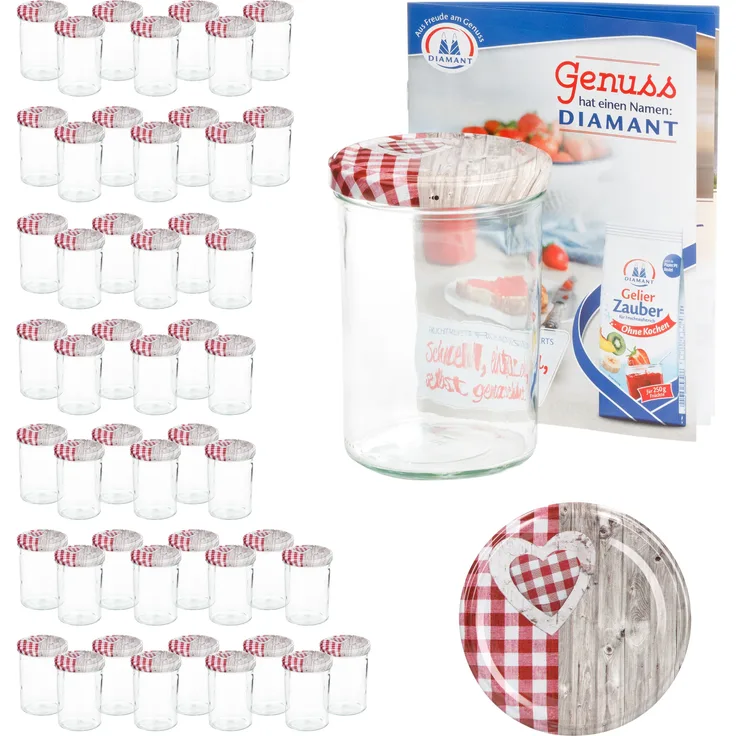 50er Set Sturzglas 435 ml To 82 Deckel Holz Herz rot incl. Diamant Gelierzauber Rezeptheft