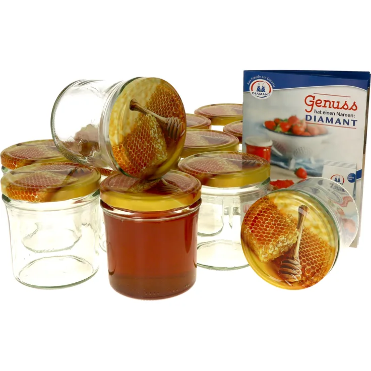12er Set Einmachglas 350 ml Deckel Honigwabe Rund- Einkochgläser Vorratsglas Glas Aufbewahrung