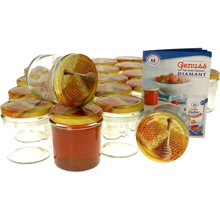 25er Set Einmachglas 350 ml Deckel Honigwabe Rund- Einkochgläser Vorratsglas Glas Aufbewahrung