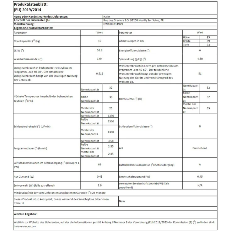 Haier HW100-B14979, Frontlader-Waschmaschine, A, Fassungsvermögen 10 kg, Standgerät, Breite 59,5 cm, Endezeitvorwahl, Dampffunktion – Bild 13