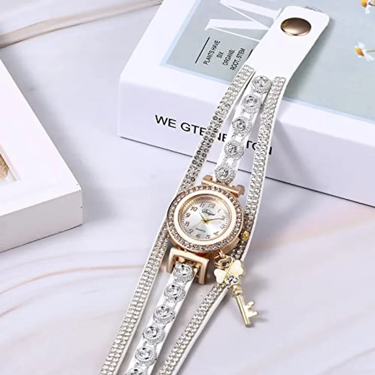 JewelryWe Armbanduhr Damen Böhmisch Retro mit Strass, Glitzer und geflochtenem Lederarmband, Analog Quarz, Weiß, inkl. Kleeblatt Schlüssel Anhänger – Bild 4
