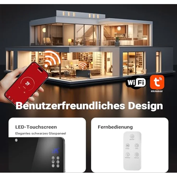 Wiltec 2000 W Elektro Glasheizung, Glaskonvektor mit LED-Anzeige, Wandmontage & Rollen, Wifi-Steuerung, inkl. Fernbedienung - Elegant und effizient – Bild 5