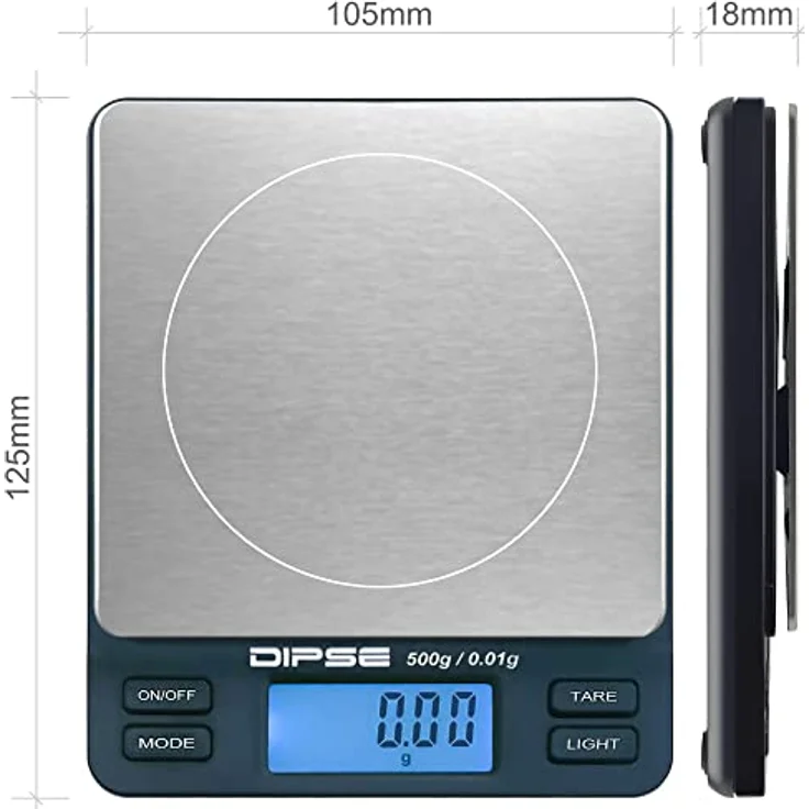 DIPSE TP-Serie - Küchenwaage, Feinwaage, TARA-Funktion, beleuchtetes Display, 0,5kg Tragkraft, silber, schwarz – Bild 3