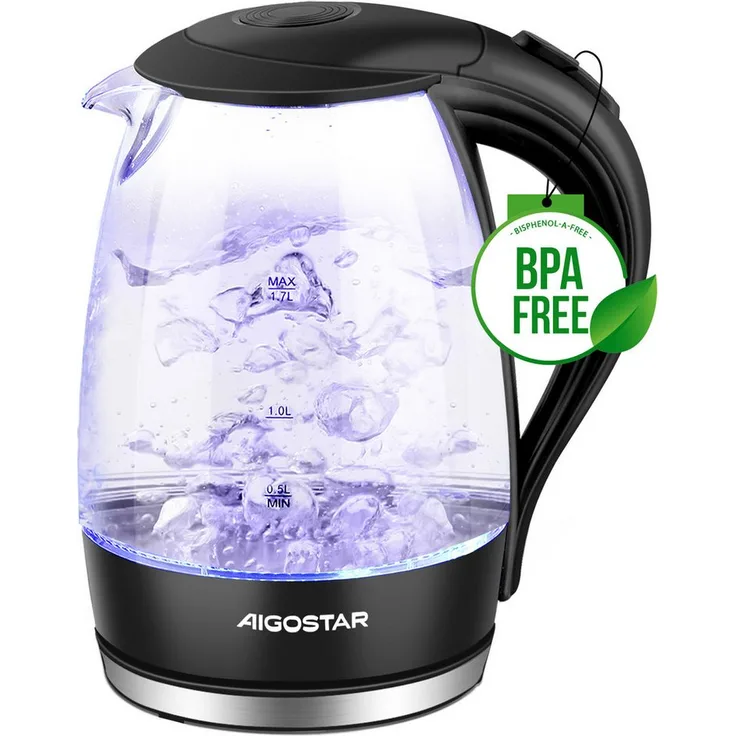 Aigostar Wasserkocher Glas 1,7 l mit Kalkfilter, LED-Beleuchtung, 2200 W, 360° Edelstahl Sockel, 100% BPA Frei, Schwarz