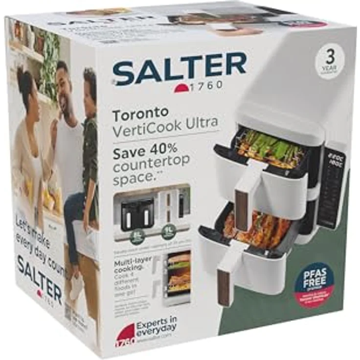 Salter VertiCook Ultra, Stapelbare Heißluftfritteuse mit 9L, 2 x 4,5L Körben, 9 Voreinstellungen, Sync & Match, PFAS-frei, Temperaturbereich 60-230°C, 2400W – Bild 2
