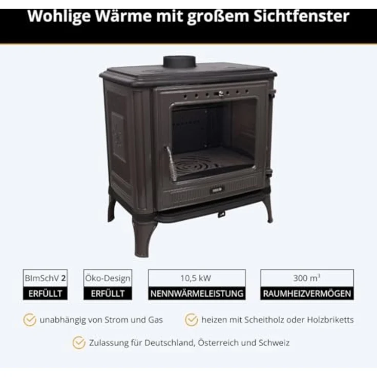 365® Kaminofen Ferrox 75, grau emailliert, 10,5 kW Gusseisen mit Scheibenspülung und Aschekasten – Bild 2