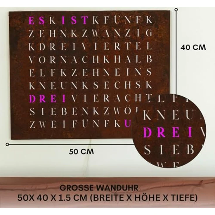 build-yours WordClock Jupiter Rost Optik LED Wortuhr - Modernes Design im Industrial Stil, WLAN-fähig, 16 Millionen Farbtöne, Micro-USB-Anschluss – Bild 5
