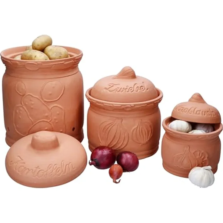 MamboCat 3er Set Terra Tontöpfe aus Terrakotta Kartoffel Zwiebel Knoblauch