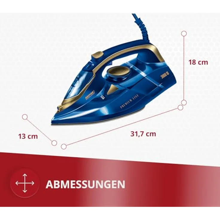 MPM MZE-24/G Bügeleisen mit Keramiksohle, 3000W, 190g Dampfstoß, kontinuierlicher Dampf, vertikale Dampffunktion, Auto Shut-Off, 300ml Wassertank – Bild 2