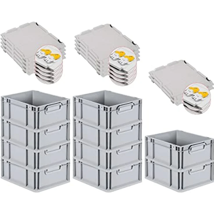 PROREGAL Eurobox NextGen Grip 10er Set, mit Scharnierdeckel, gelben Schiebeschnappverschlüssen, 16 L, Grau, HxBxT 17x30x40cm, lebensmittelecht, robust und stapelbar – Bild 1