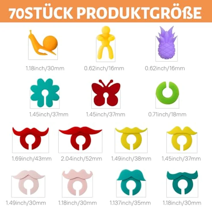 Ouprisks Glasmarkierer, 70er Set Wiederverwendbare Silikon Glasmarkierer, Bunte Designs für Weingläser, Sektgläser und Cocktailgläser – Bild 2