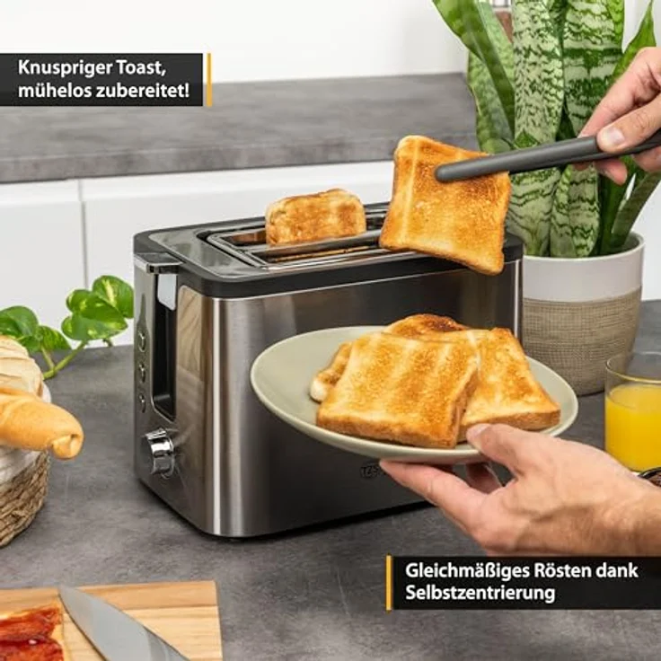 TZS First Austria Toaster | Edelstahl | 2-Scheiben | 6 Bräunungsstufen | Auftau- und Aufwärmfunktion | integrierter Brötchenwärmer | Krümelfach – Bild 5