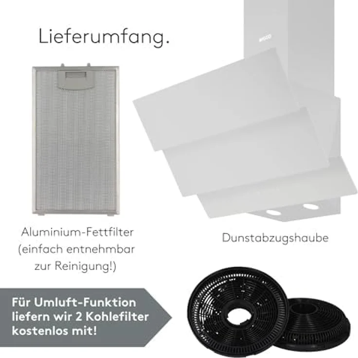 Wiggo B643 Dunstabzugshaube 60cm kopffrei I Abluft Umluft Dunstabzug 615m³/h - Touch-Display 4 Stufen I Energieeffizienzklasse B Schräghaube inkl. 2x Kohlefilter I Abzugshaube Glasfront weiß – Bild 2