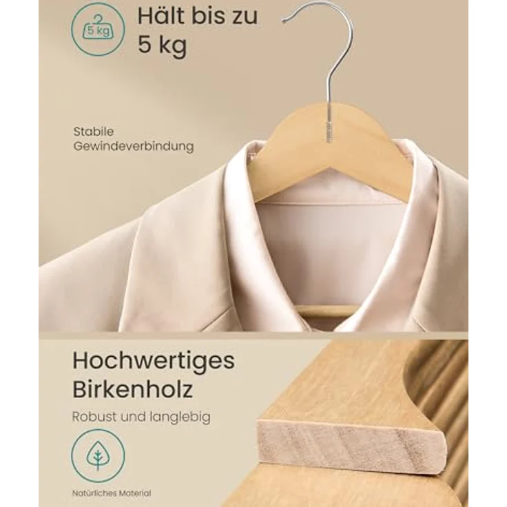 SONGMICS Kleiderbügel Holz, 10er Set, schlank aus Birkenholz, 360° drehbarer Haken, für schwere Winterjacken – Bild 3